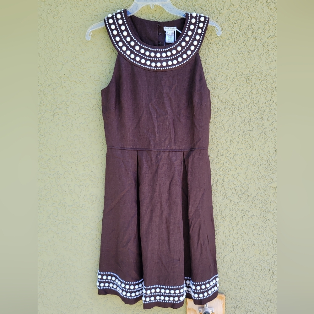 NWT Vintage Y2K Kate Spade Beaded Brown Linen Ronnie Dress